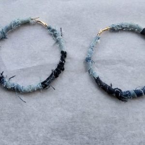 Distressed denim hoop earrings